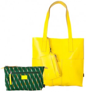 Yellow pocket tote with green organiser